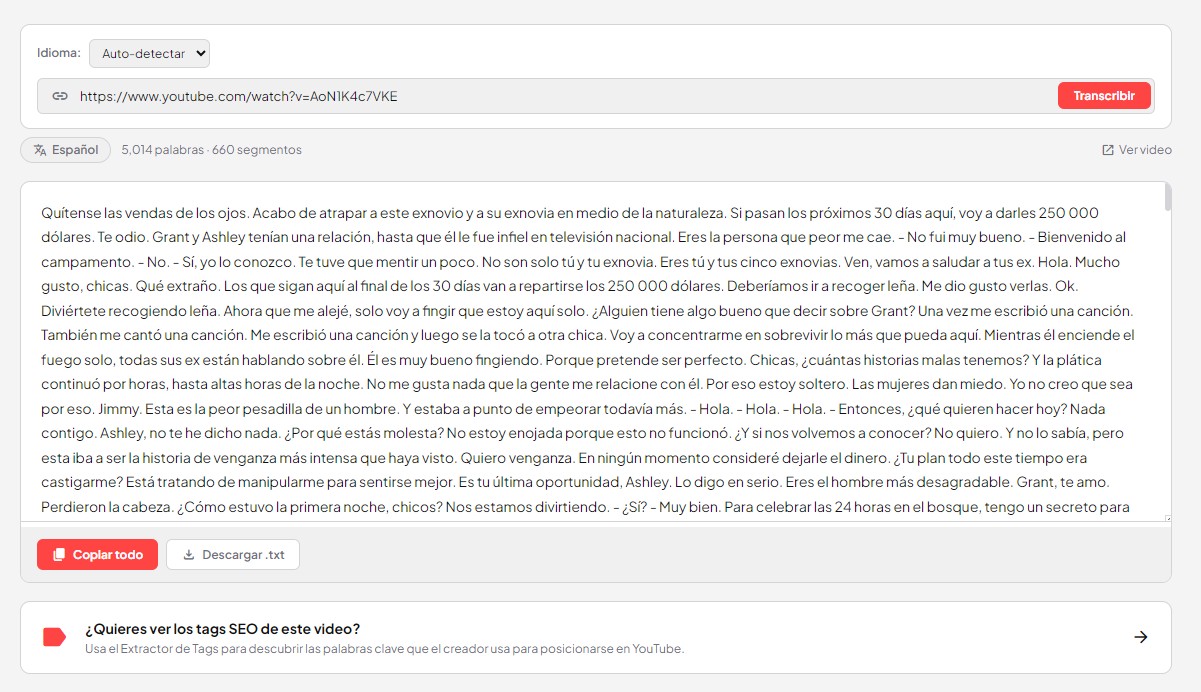 Resultado de la transcripción con contador de palabras y segmentos
